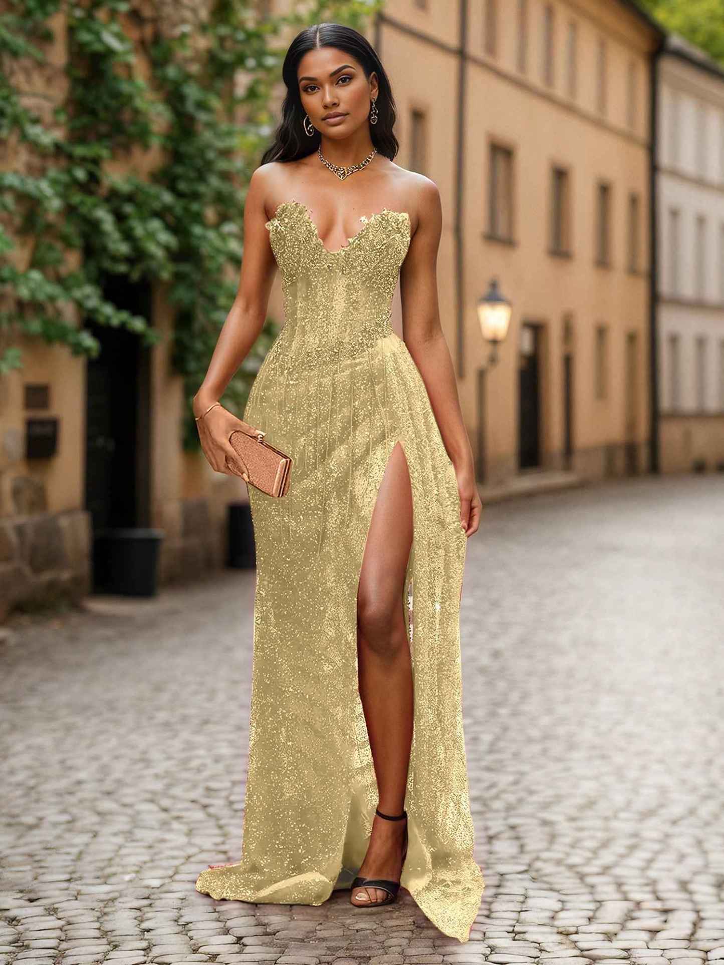 Red Strapless Beaded Fringe Waist Sequin Prom Dress with High Slit