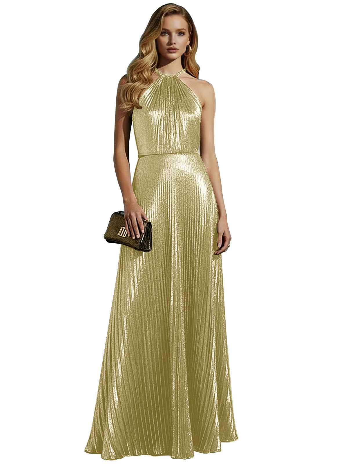 Luxurious Champagne-Gold Pleated Halter Long Prom Dress