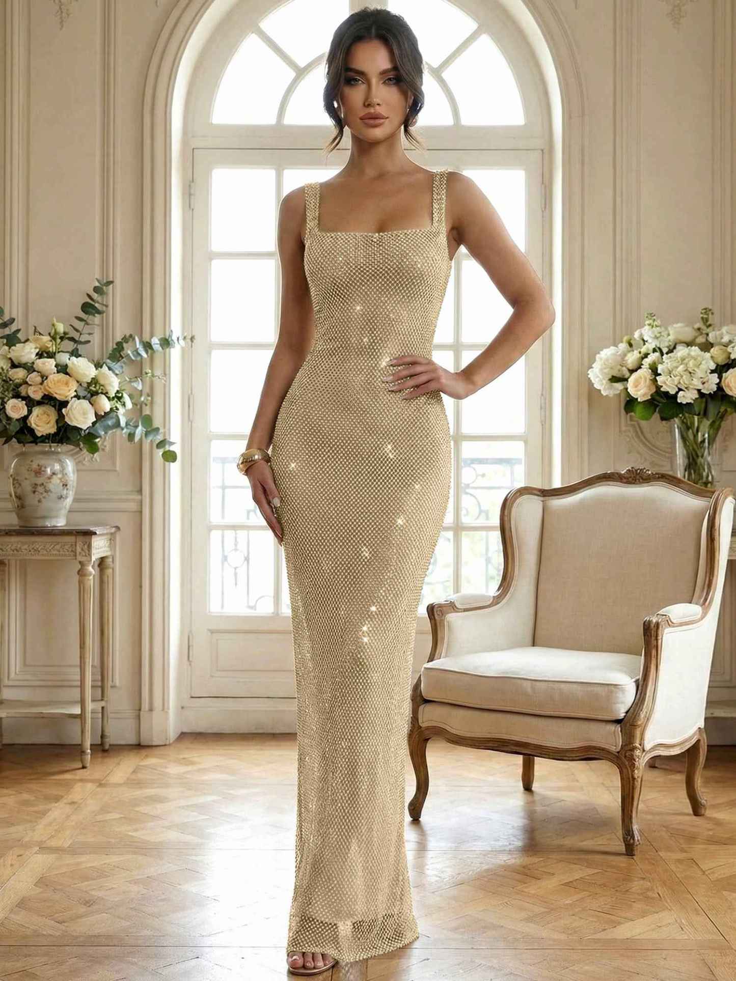 Sparkly Champagne Crystal Mesh Square Neck Long Prom Dress