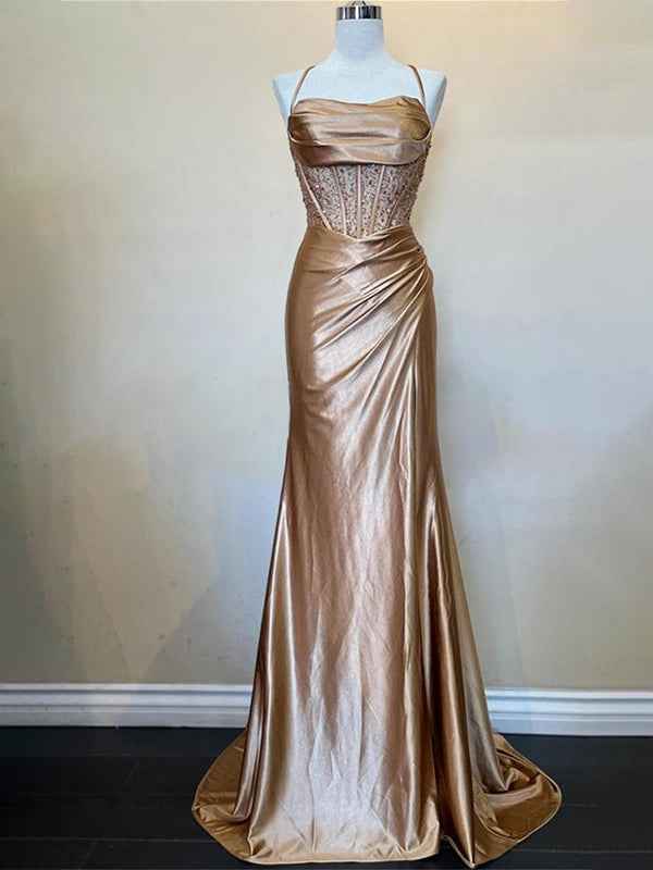 Yellow Mermaid Scoop Neck Satin Long Prom Dress with Slit