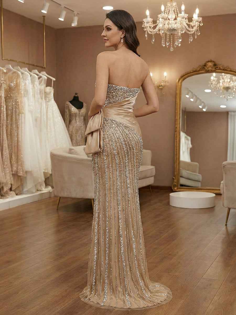 Champagne Strapless Sweetheart Beaded Satin Drape Prom Dress