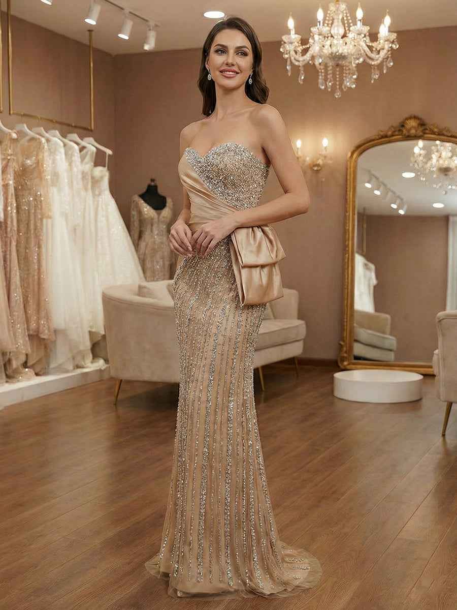 Champagne Strapless Sweetheart Beaded Satin Drape Prom Dress