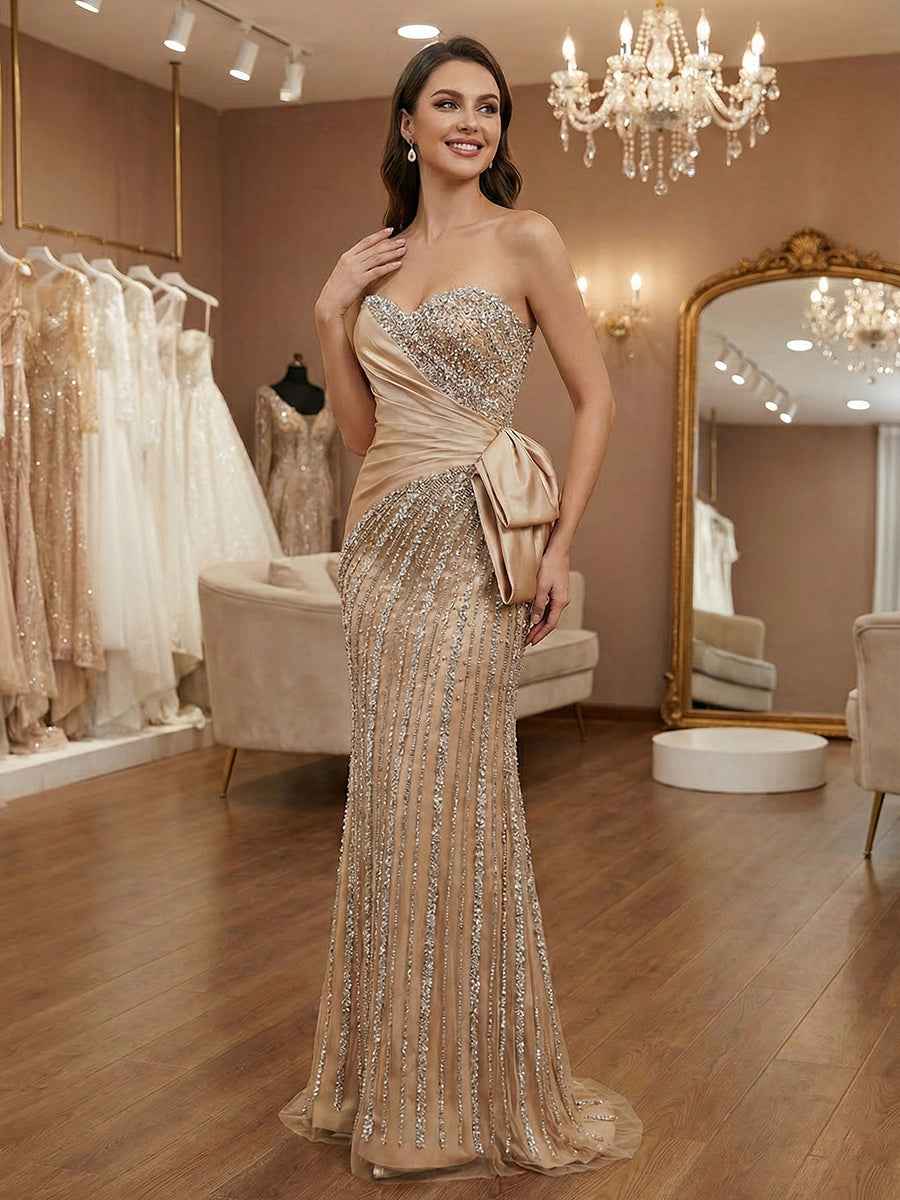 Champagne Strapless Sweetheart Beaded Satin Drape Prom Dress