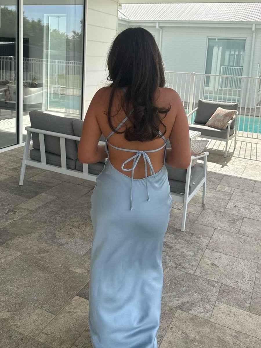 Chic Light Blue Satin Cowl Neck Mermaid Prom Dress
