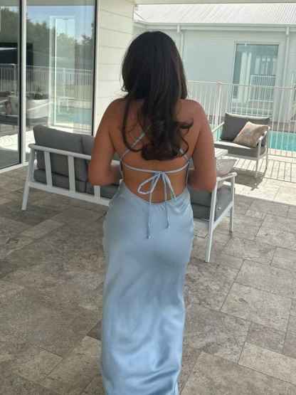 Chic Light Blue Satin Cowl Neck Mermaid Prom Dress
