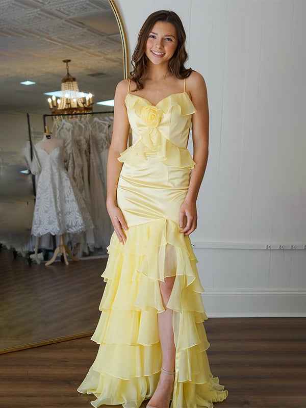 Yellow Mermaid Spaghetti Straps Keyhole Back Long Prom Dress with Ruffle Skirt