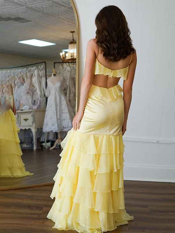 Yellow Mermaid Spaghetti Straps Keyhole Back Long Prom Dress with Ruffle Skirt