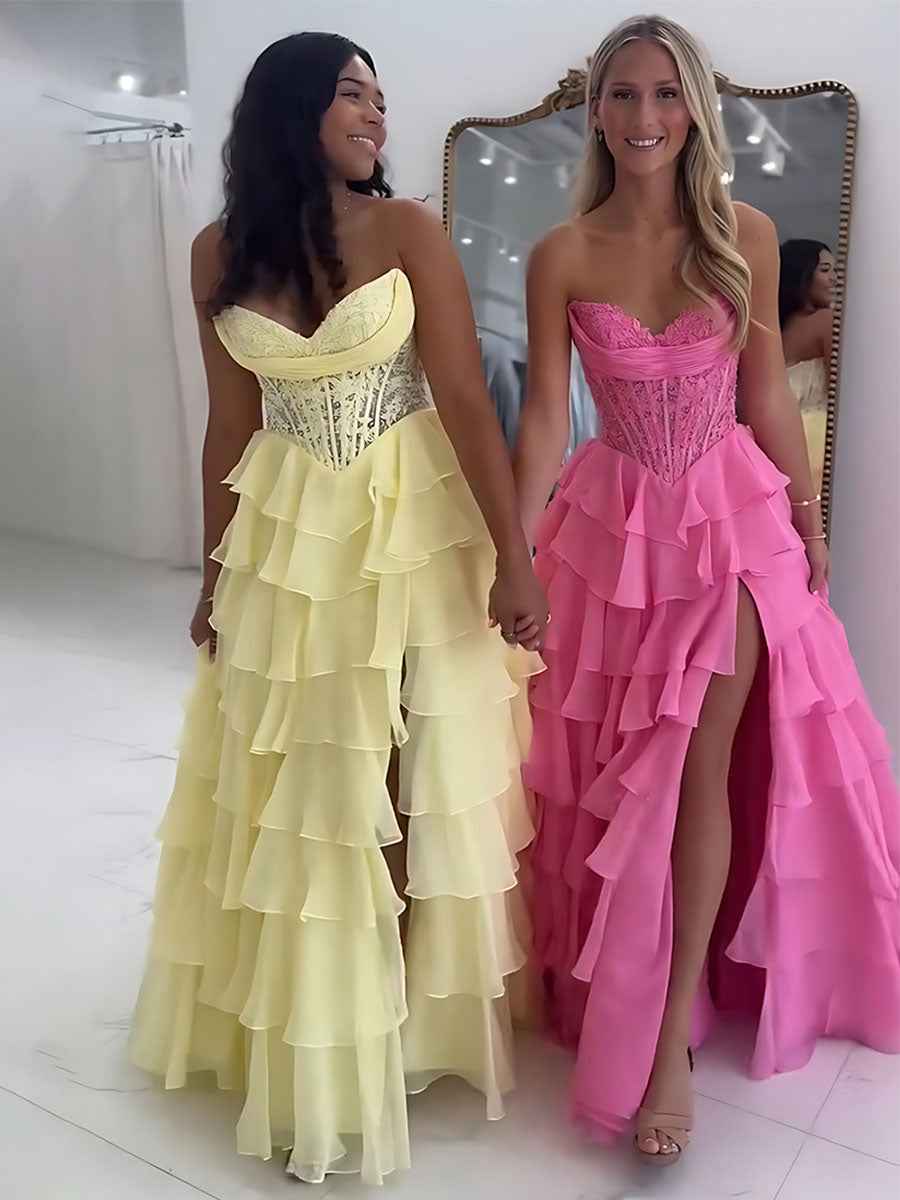 Chiffon A-Line Strapless Empire Tiered Long Prom Dress With Slit