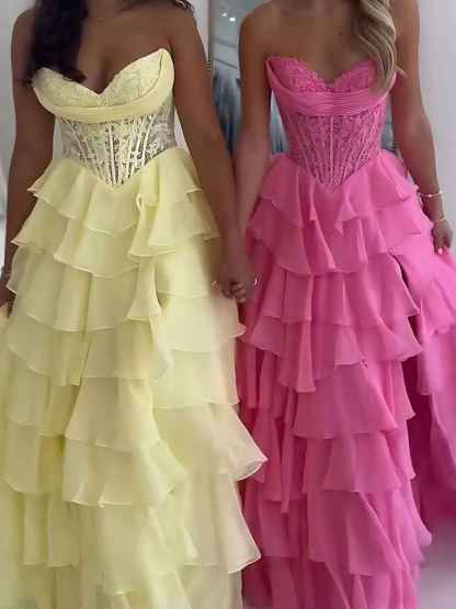Chiffon A-Line Strapless Empire Tiered Long Prom Dress With Slit
