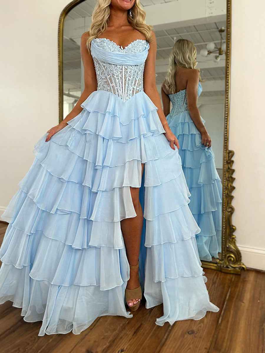 Chiffon A-Line Strapless Empire Tiered Long Prom Dress With Slit