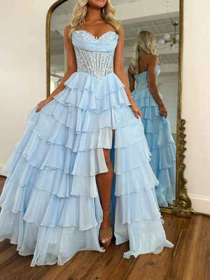 Chiffon A-Line Strapless Empire Tiered Long Prom Dress With Slit