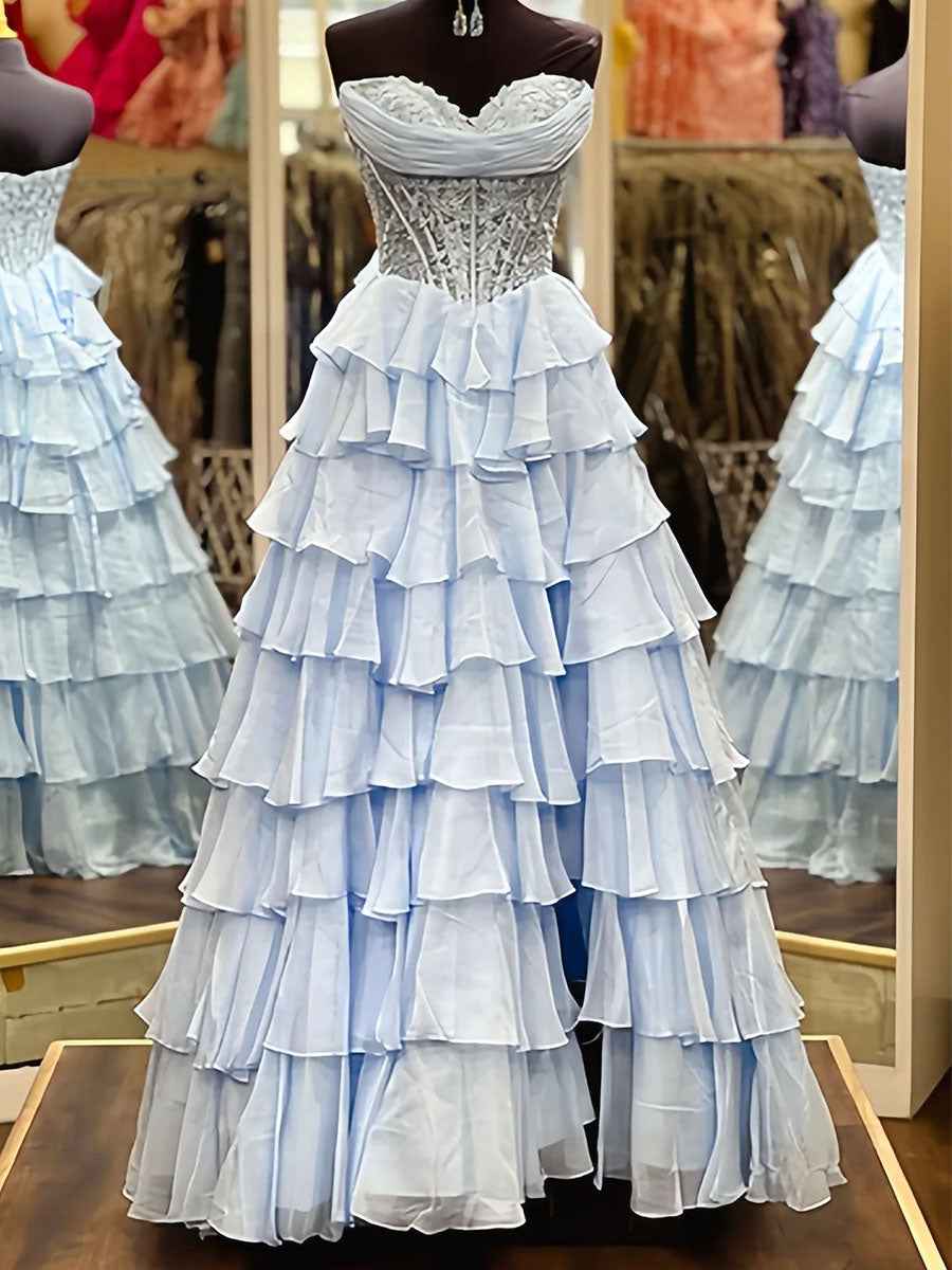 Chiffon A-Line Strapless Empire Tiered Long Prom Dress With Slit