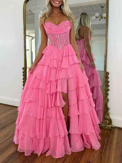 Chiffon A-Line Strapless Empire Tiered Long Prom Dress With Slit