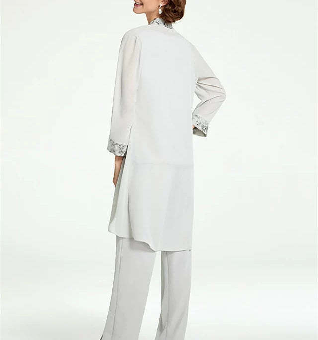 Floor-Length Round Neck Chiffon Pantsuits with Jacket for the Mother of the Bride