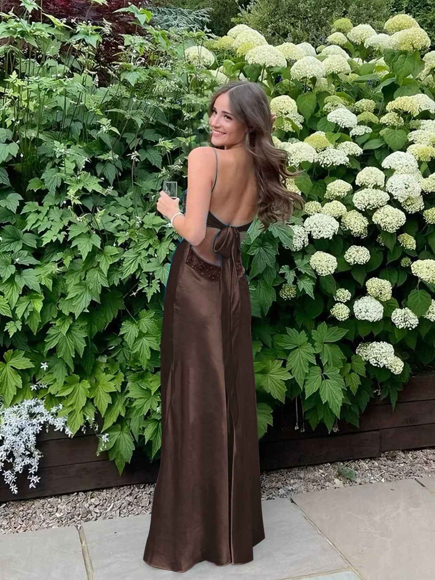 Blue A Line V-neck Beaded Back Tie Long Prom Dress