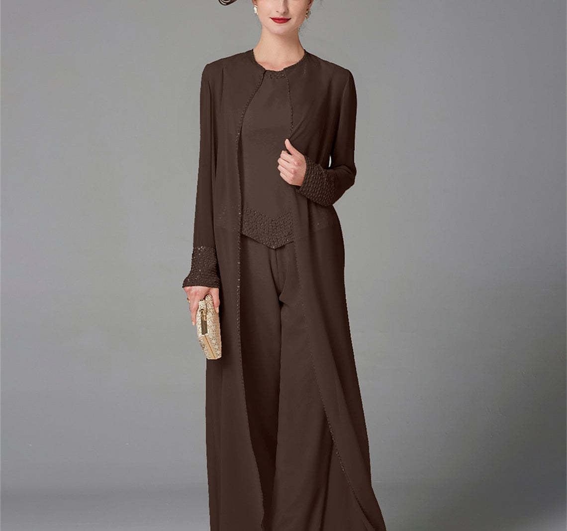 Long-Sleeve Chiffon Pantsuit with Jacket and Sequins for the Mother of the Bride