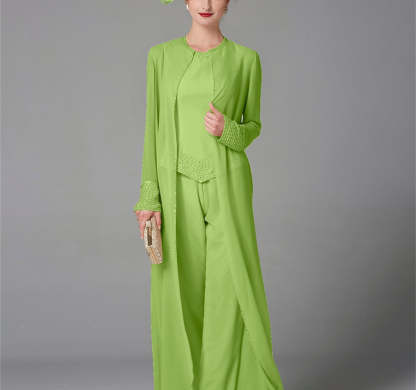 Long-Sleeve Chiffon Pantsuit with Jacket and Sequins for the Mother of the Bride