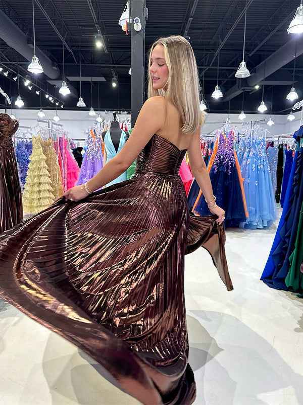 Yellow A Line Strapless Sweetheart Pleated Prom Dress with High Slit