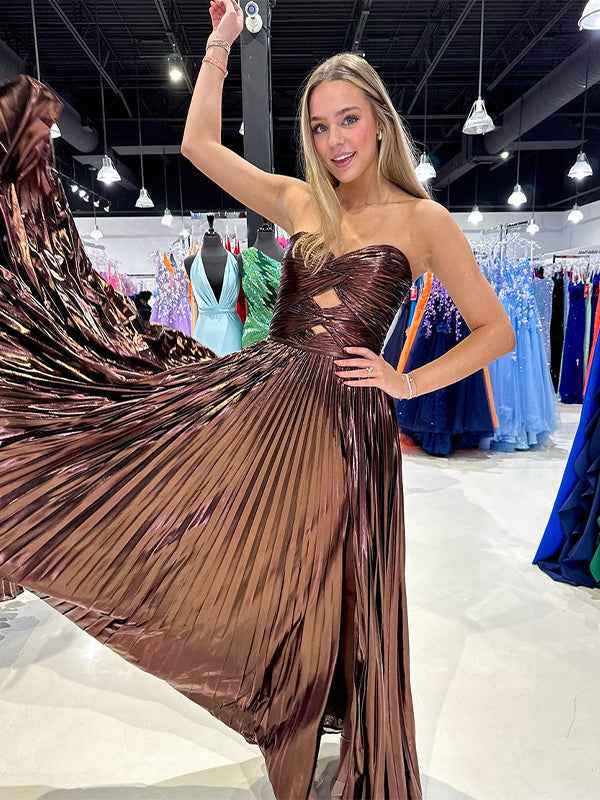 Yellow A Line Strapless Sweetheart Pleated Prom Dress with High Slit