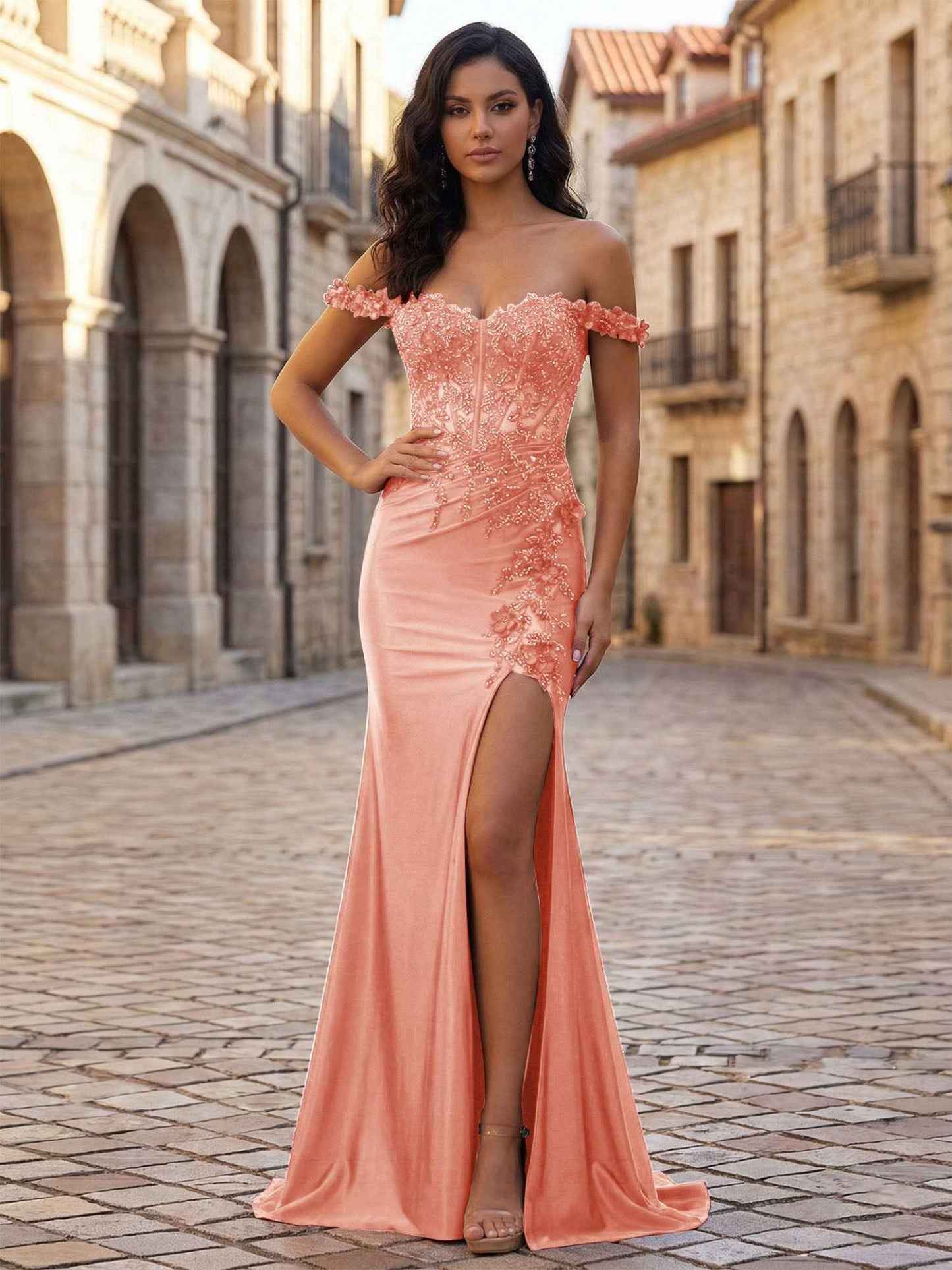 Mermaid Off-The-Shoulder Floral Corset Long Prom Dress with Slit