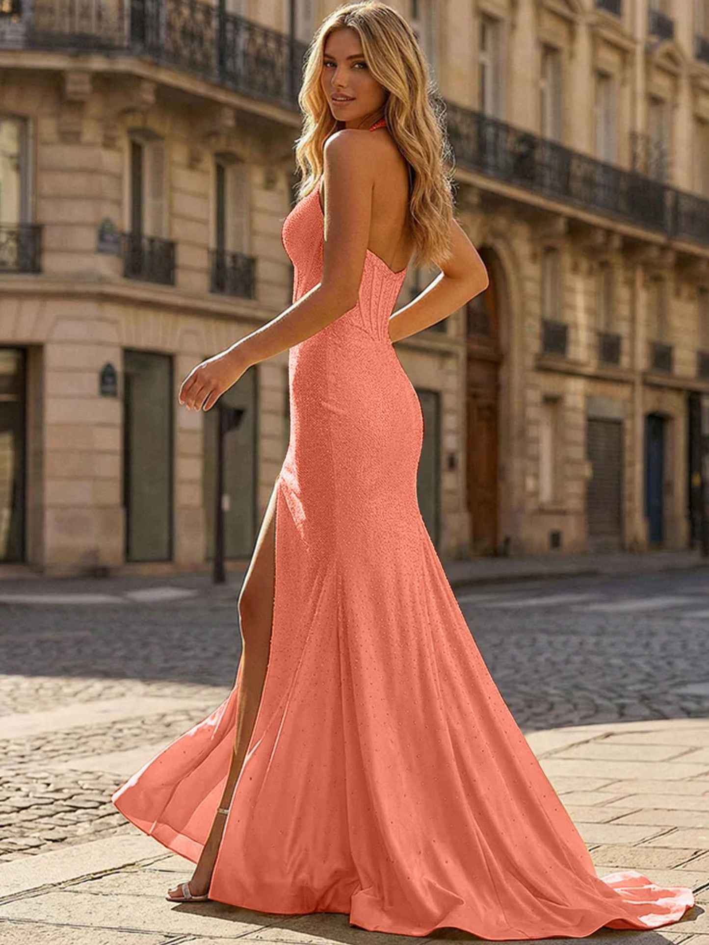 Yellow Beaded Halter Corset Prom Dress with High Slit