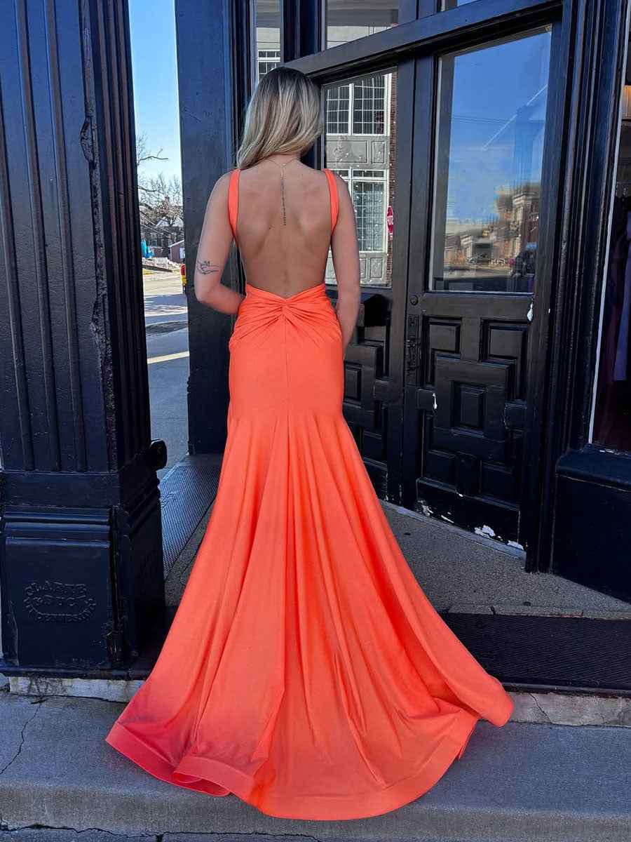 Coral Plunging V-Neck Sheath Prom Dress with Slit