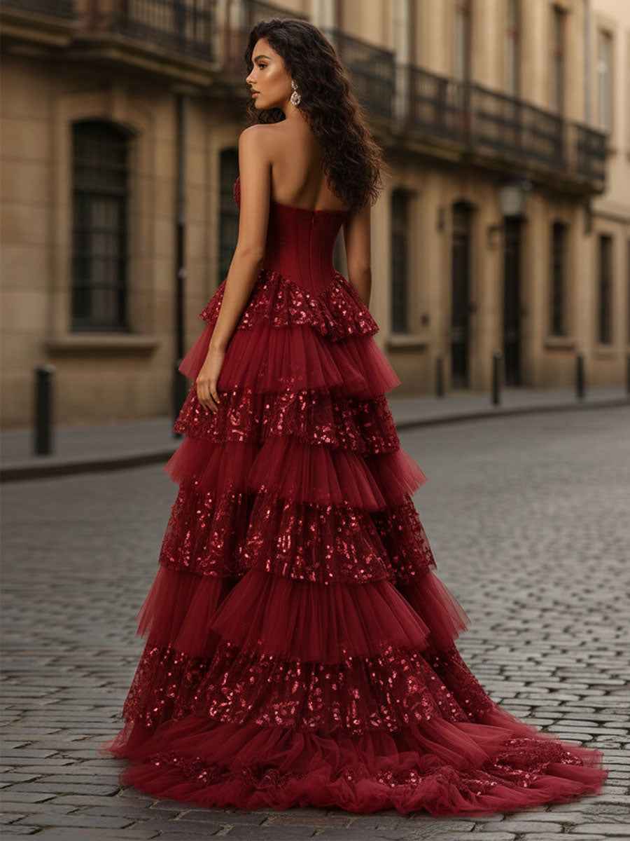 Red Corset Bodice Tiered Long Prom Dress with 3D Floral Applique|s
