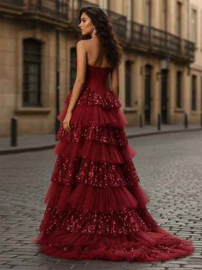 Red Corset Bodice Tiered Long Prom Dress with 3D Floral Applique|s