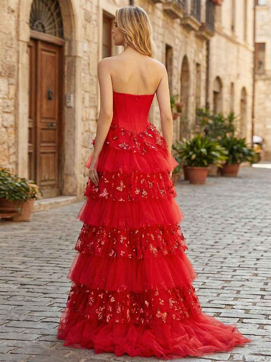 Red Corset Bodice Tiered Long Prom Dress with 3D Floral Applique|s