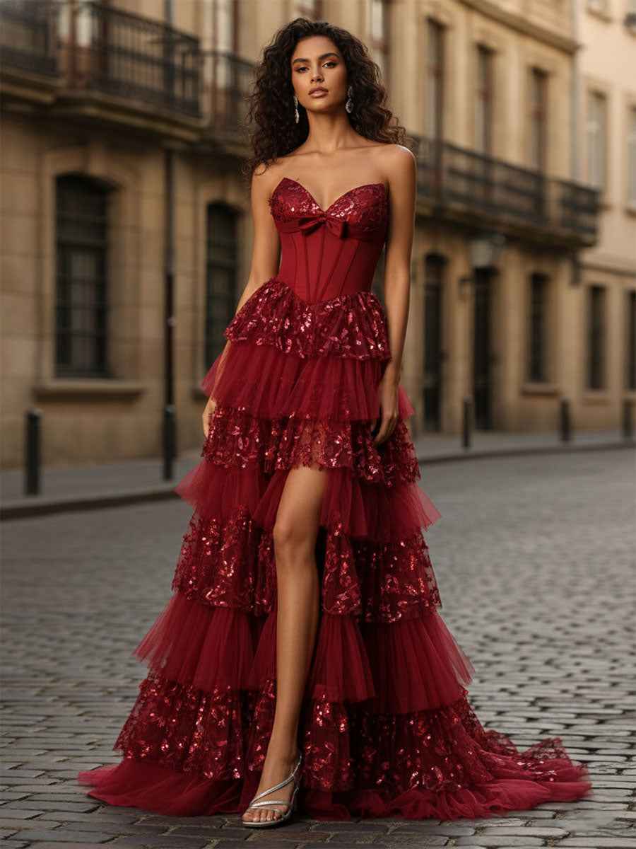 Red Corset Bodice Tiered Long Prom Dress with 3D Floral Applique|s