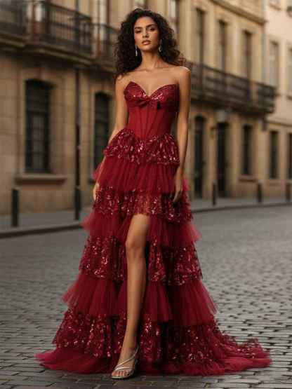 Red Corset Bodice Tiered Long Prom Dress with 3D Floral Applique|s