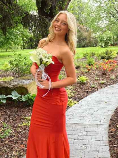 Cowl Neck Red Lace-up Back Mermaid Long Prom Dress