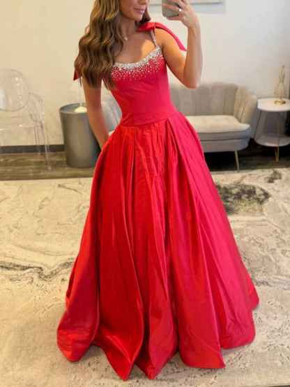 Crystal Beaded Bodice Prom Dress with Bow Shoulders
