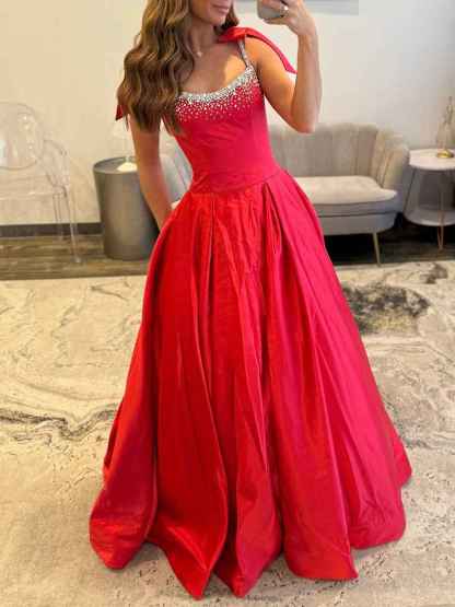 Crystal Beaded Bodice Prom Dress with Bow Shoulders