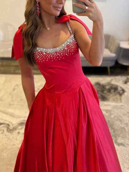 Crystal Beaded Bodice Prom Dress with Bow Shoulders