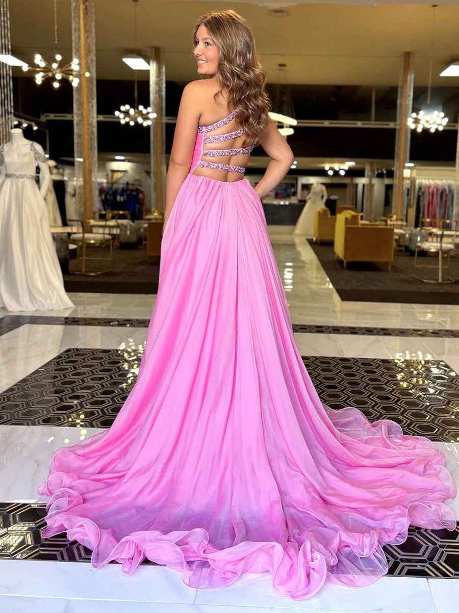 Crystal Beading One-Shoulder Chiffon Prom Dress with High Slit