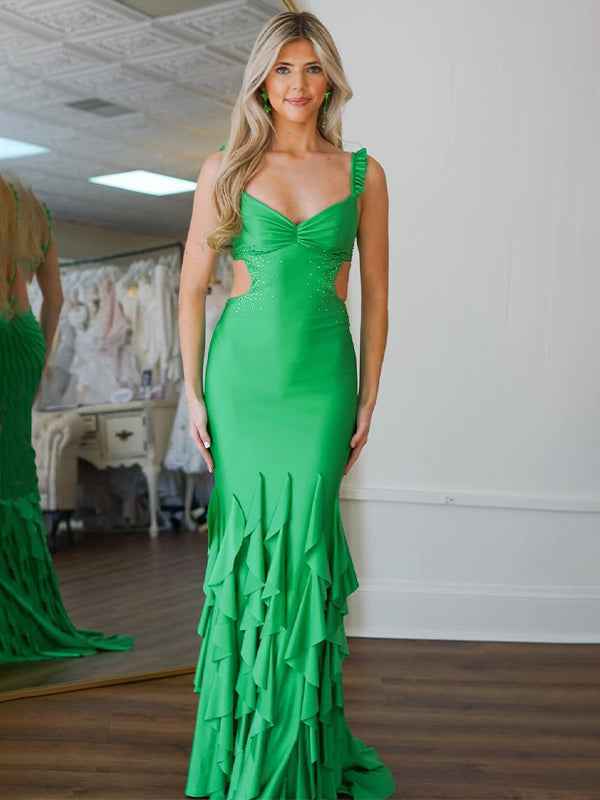 Green Mermaid Straps Waist Hollow Long Prom Dress with Beading