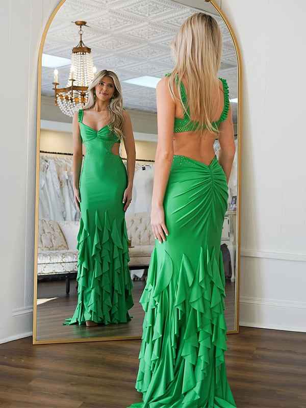 Green Mermaid Straps Waist Hollow Long Prom Dress with Beading