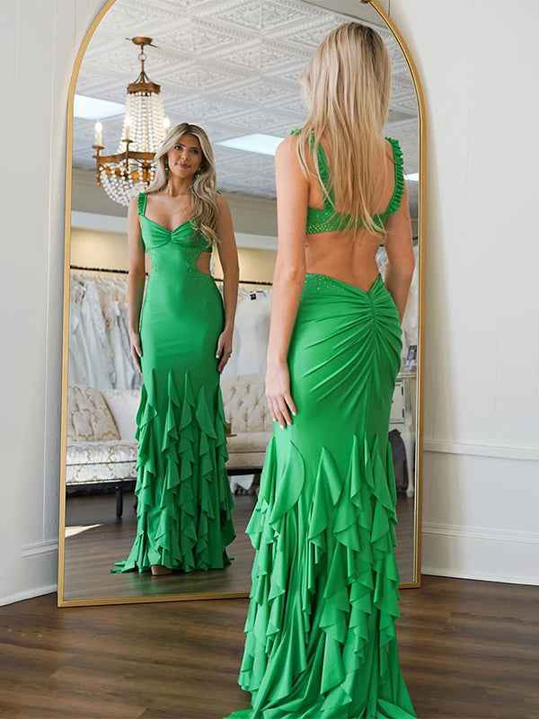 Green Mermaid Straps Waist Hollow Long Prom Dress with Beading