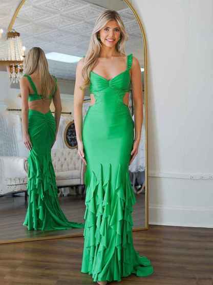 Green Mermaid Straps Waist Hollow Long Prom Dress with Beading