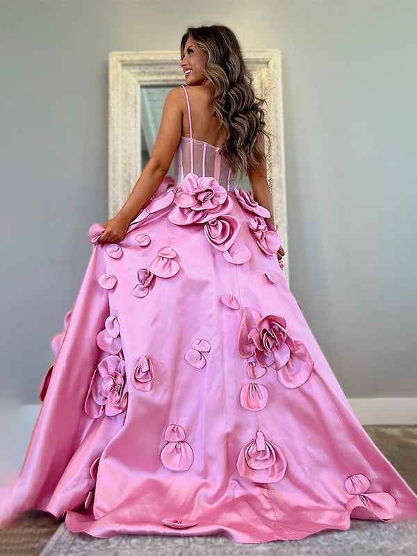 Pink A-Line Bodice 3D Flowers Spaghetti Long Prom Dress