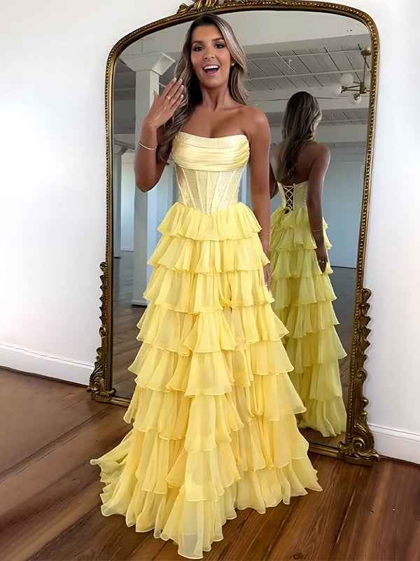 Sparkly Light Blue Strapless A-Line Long Tiered Prom Dress with Slit