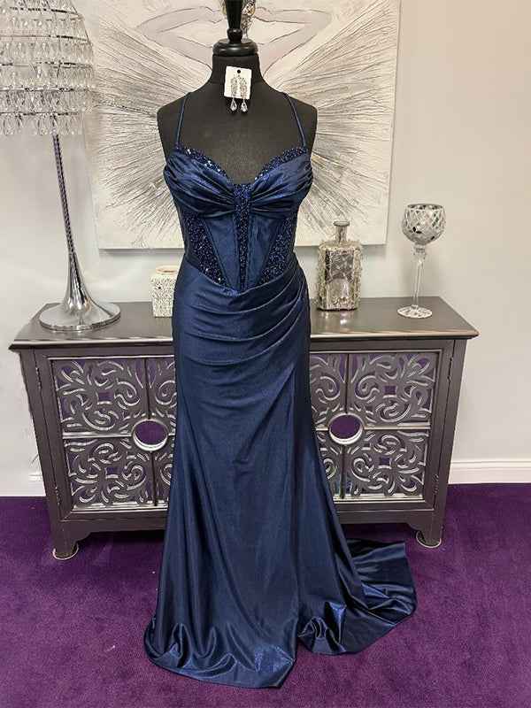 Green Mermaid  Spaghetti Strap Beaded Prom Dress with High Slit