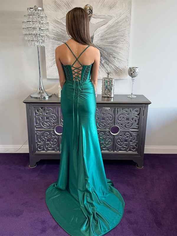 Green Mermaid  Spaghetti Strap Beaded Prom Dress with High Slit