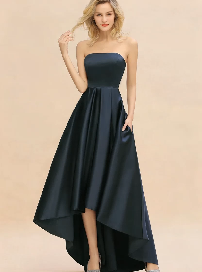 Charming Strapless Backless A-Line High Low Satin Bridesmaid Dress With Pockets