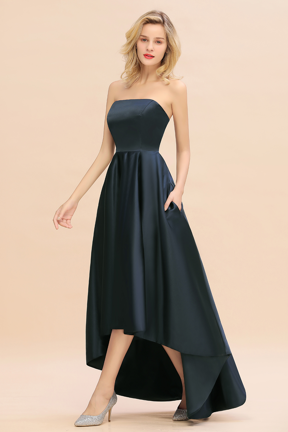 Charming Strapless Backless A-Line High Low Satin Bridesmaid Dress With Pockets
