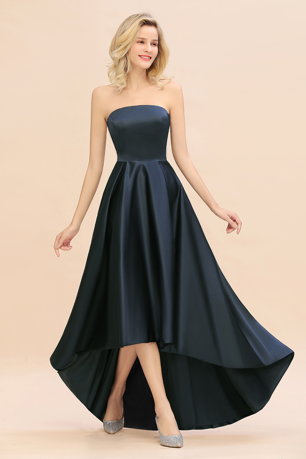 Charming Strapless Backless A-Line High Low Satin Bridesmaid Dress With Pockets
