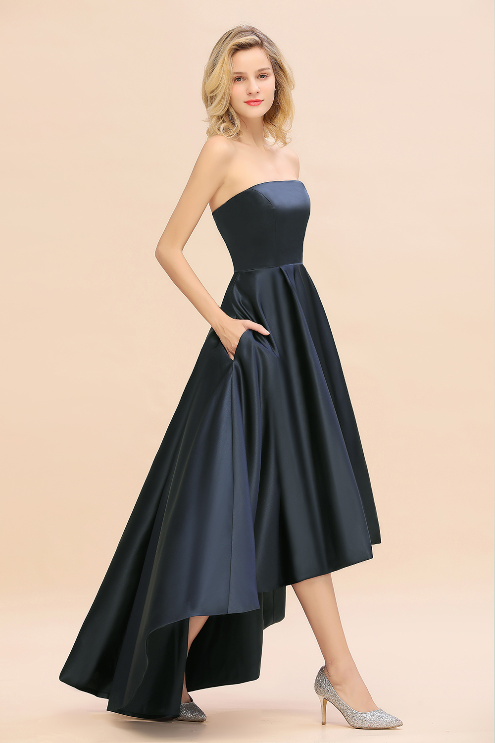 Charming Strapless Backless A-Line High Low Satin Bridesmaid Dress With Pockets