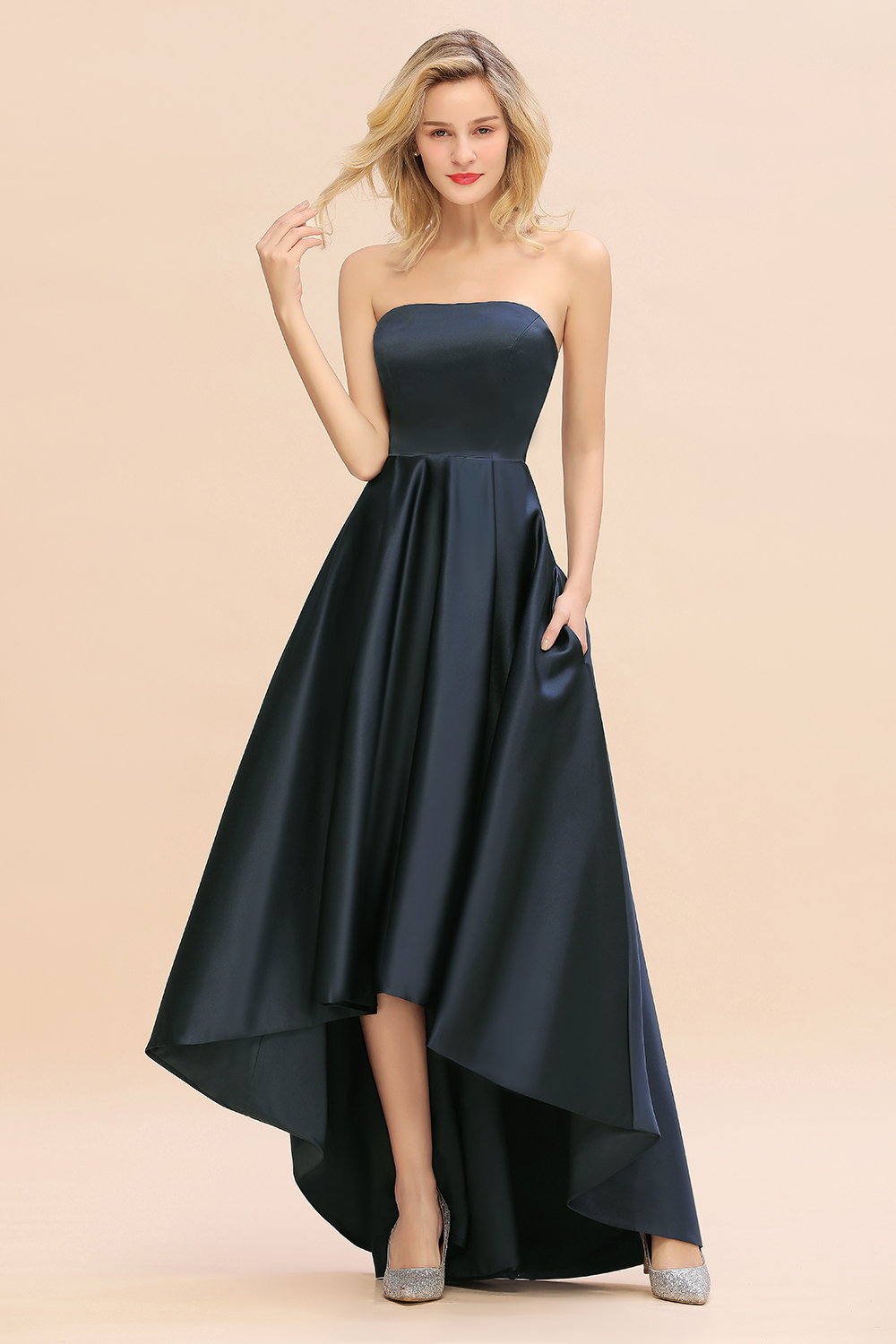Charming Strapless Backless A-Line High Low Satin Bridesmaid Dress With Pockets