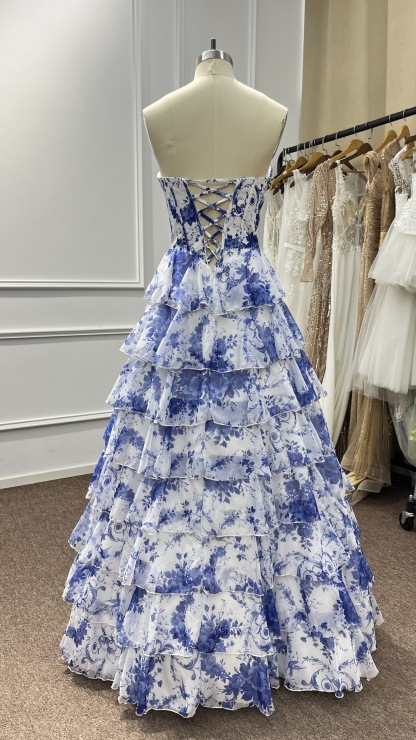 Blue Strapless Silk Chiffon Corset Floral Prom Dress